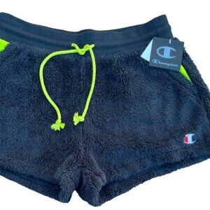 Urban Outfitters NWT Champion Colorblock Fleece Sherpa Shorts Black Neon Green M
